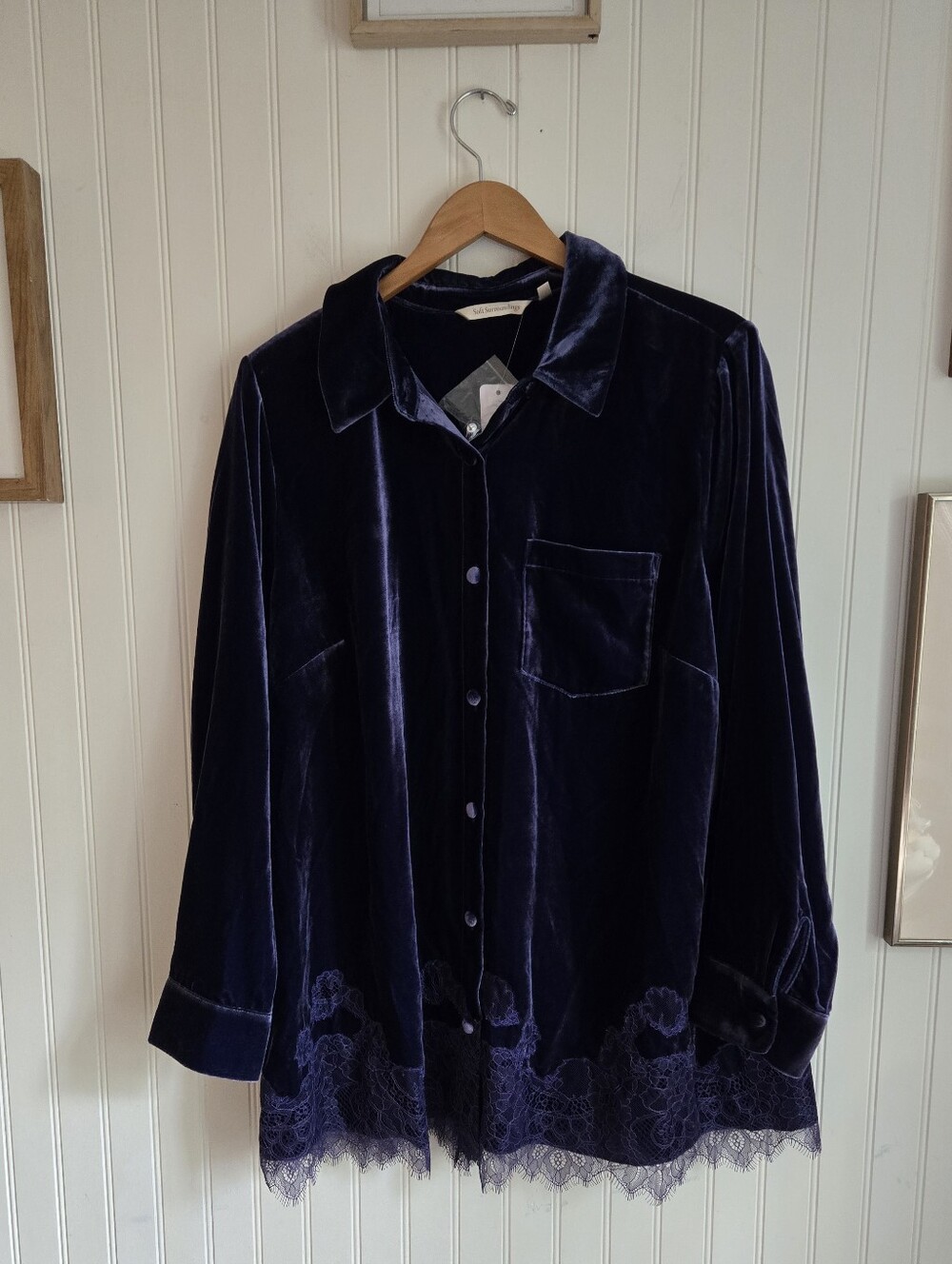 Soft Surroundings Nwt Velvet And Lace Button-Front Blouse in Deep Purple